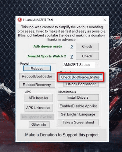 Меню приложения Huami Amazfit Tool Выбор пункта Check Bootloader Status в утилите Huami Amazfit Tool