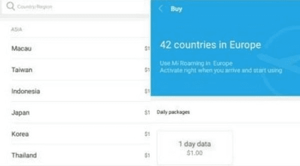 Оплата услуг Mi Roaming Оплата в приложении Mi-роуминг
