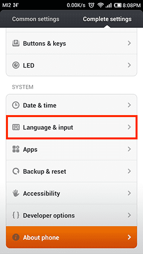Меню настроек языка на Xiaomi